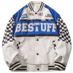 画像1: checkerboard stitching BASEBALL JACKET baseball uniform jacket blouson  ユニセックス 男女兼用レザーチェッカーボードステッチスタジアムジャンパー スタジャン MA-1 ボンバー ジャケット ブルゾン (1)