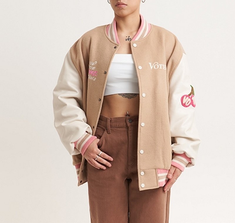 画像3: VOTE21Cherry applique embroidery BASEBALL JACKET baseball uniform jacket blouson  ユニセックス 男女兼用VOTE21チェリー刺繍スタジアムジャンパー スタジャン MA-1 ボンバー ジャケット ブルゾン (3)