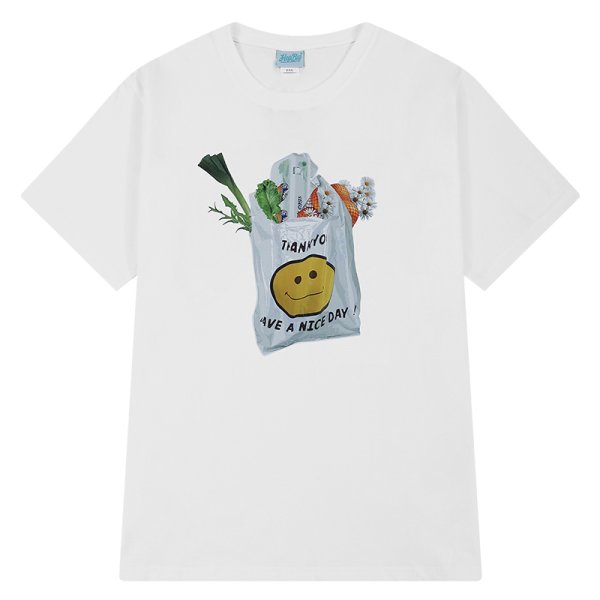 画像1: Shopping eco bag print Short Sleeve T-shirt　ユニセックス 男女兼用スマイルエコバッグプリント半袖Tシャツ (1)