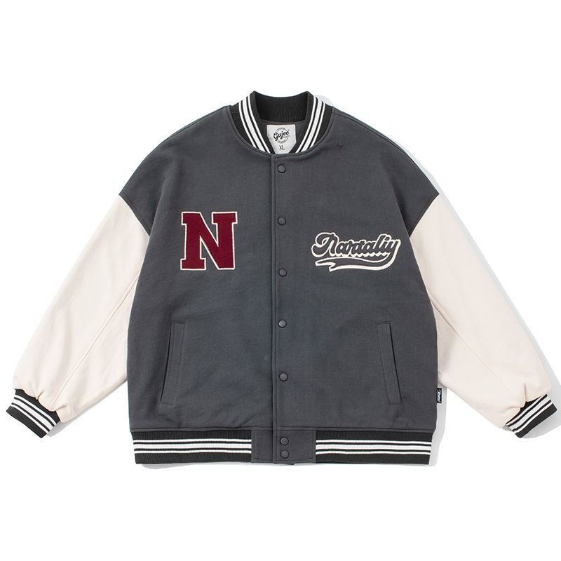 画像2: Loose Colorblock Letter Embroideryembroidery BASEBALL JACKET baseball uniform jacket blouson  ユニセックス 男女兼用Hマークカラーブロックレター刺繡スタジアムジャンパー スタジャン MA-1 ボンバー ジャケット ブルゾン (2)