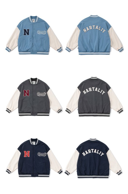 画像8: Loose Colorblock Letter Embroideryembroidery BASEBALL JACKET baseball uniform jacket blouson  ユニセックス 男女兼用Hマークカラーブロックレター刺繡スタジアムジャンパー スタジャン MA-1 ボンバー ジャケット ブルゾン (8)