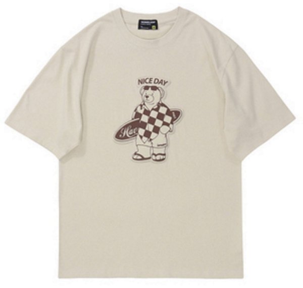 画像1: Damier Surfing Bear Print Tshirts 　男女兼用  ダミエサーファーベア熊プリント 半袖 Tシャツ (1)