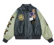 画像2: Sun motif leather jacket embroidery BASEBALL JACKET baseball uniform jacket blouson  ユニセックス 男女兼用太陽サン刺繍スタジアムジャンパー スタジャン MA-1 ボンバー ジャケット ブルゾン (2)