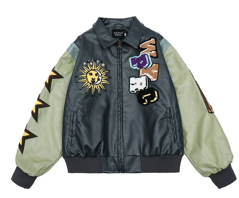 Sun motif leather jacket embroidery BASEBALL JACKET baseball
