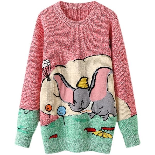 画像1: Women's  Dumbo Elephant Cool Neck SweaterLong Sleeve  Pullover　象のダンボ長袖セーター プルオーバー  (1)