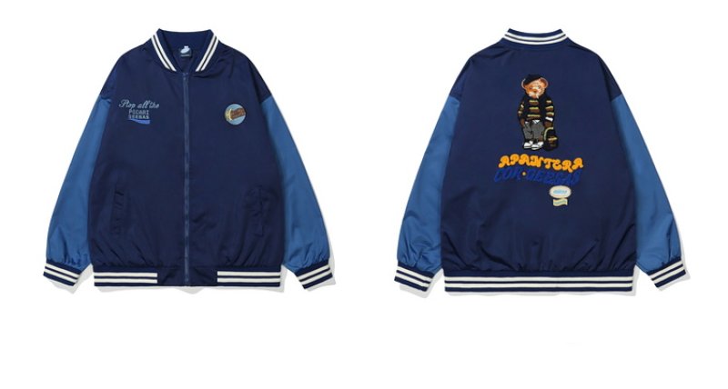 画像5: Border bearembroidery jacket embroidery BASEBALL JACKET baseball uniform jacket blouson  ユニセックス 男女兼用ボーダーベア熊スタジアムジャンパー スタジャン MA-1 ボンバー ジャケット ブルゾンウインドブレーカー (5)