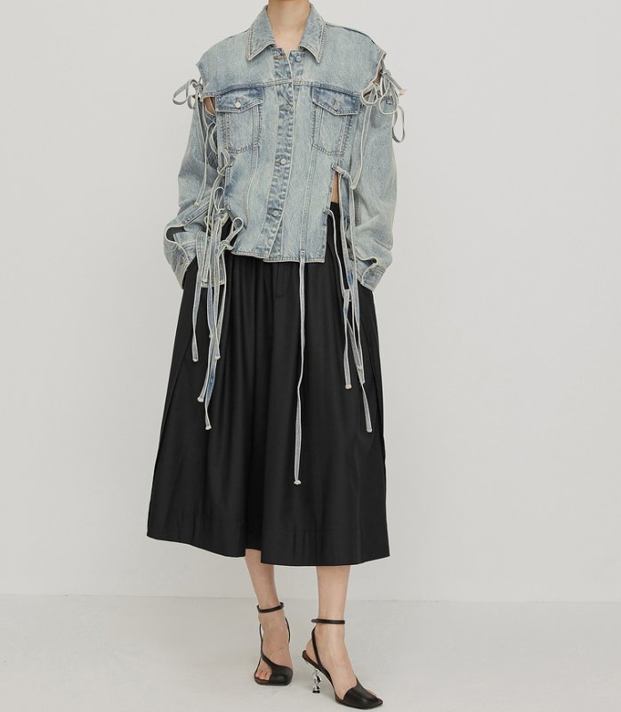 画像9: women's loose bow tie irregular hollow top Denim  G Jean jacket 　イレギュラー ボウタイデニムGジャン ジャケット (9)