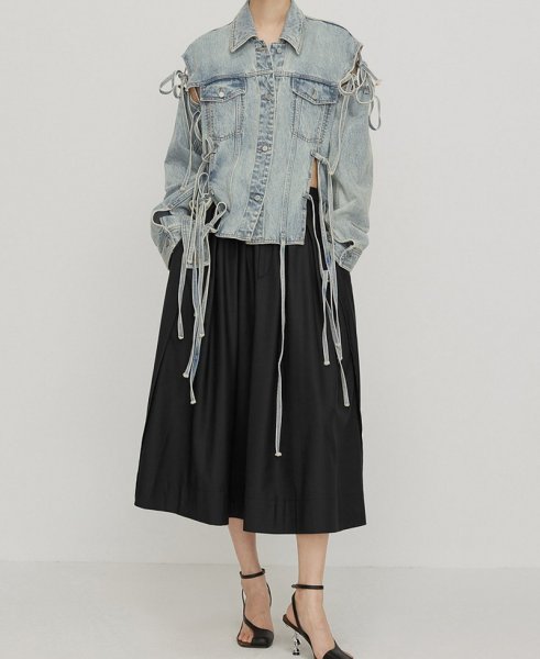 画像1: women's loose bow tie irregular hollow top Denim  G Jean jacket 　イレギュラー ボウタイデニムGジャン ジャケット (1)