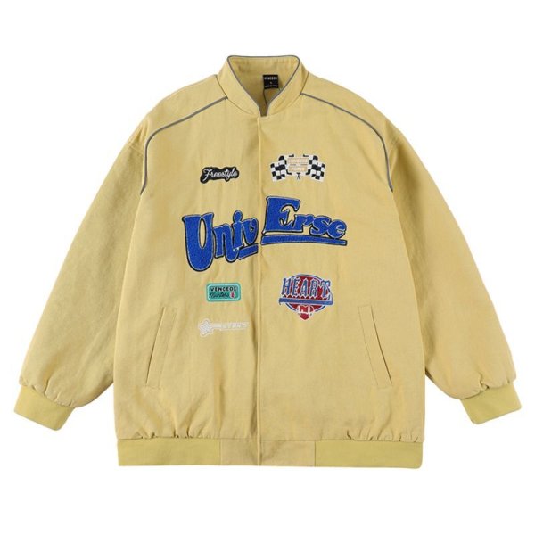 画像1: towel embroidered flocking letter jacket blouson  ユニセックス 男女兼用レター刺繍モーターバイクジャケットスタジアムジャンパー スタジャン MA-1 ボンバー ジャケット ブルゾン (1)