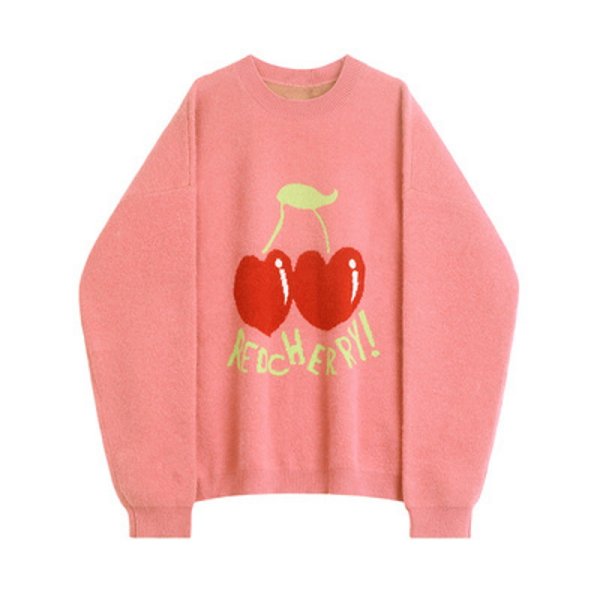 画像1: Women's Cherry braided pink sweater Long Sleeve  Pullover　チェリー編み込み長袖セーター プルオーバー  (1)