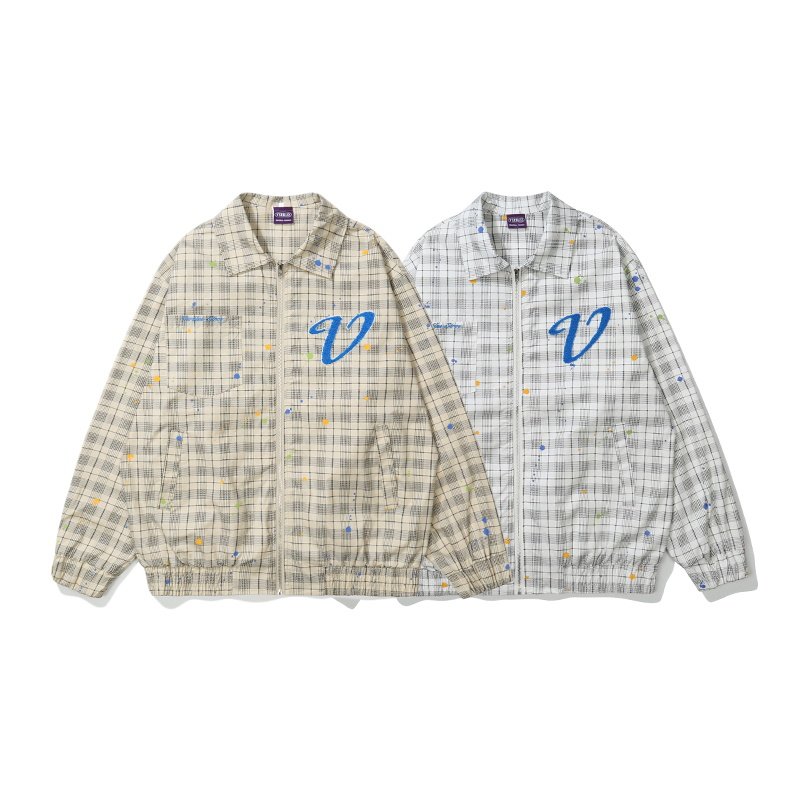 画像3: Paint check windbreakerBASEBALL JACKET baseball uniform jacket blouson  ユニセックス 男女兼用ペイントチェックウインドブレーカースタジアムジャンパー スタジャン MA-1 ボンバー ジャケット ブルゾン (3)