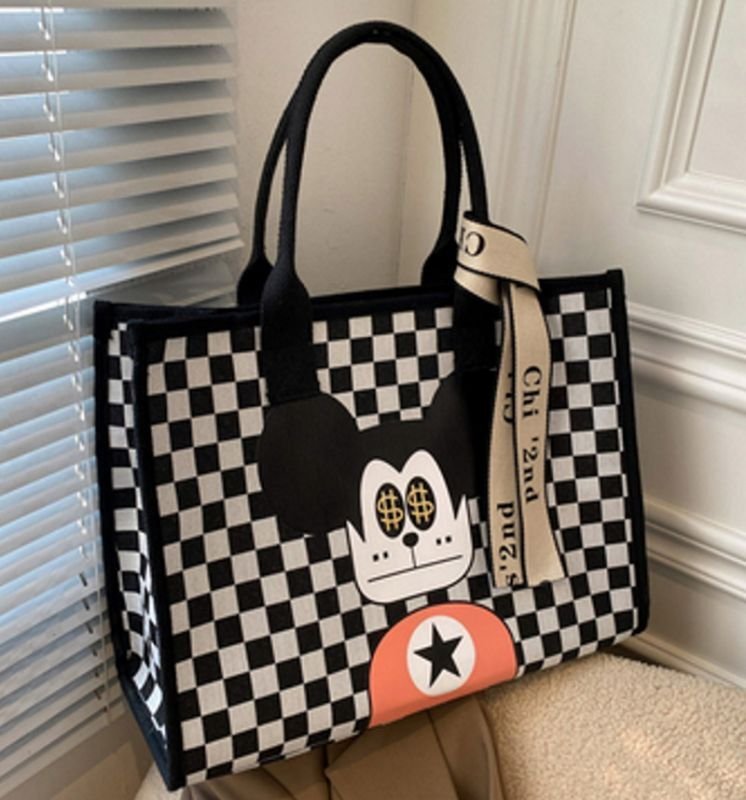 画像2: Dollar Mickey Canvas Tote Shoulder Bag ユニセックス男女兼用ダラーミッキーダミエキャンバスエコトート ショルダーバッグ  (2)