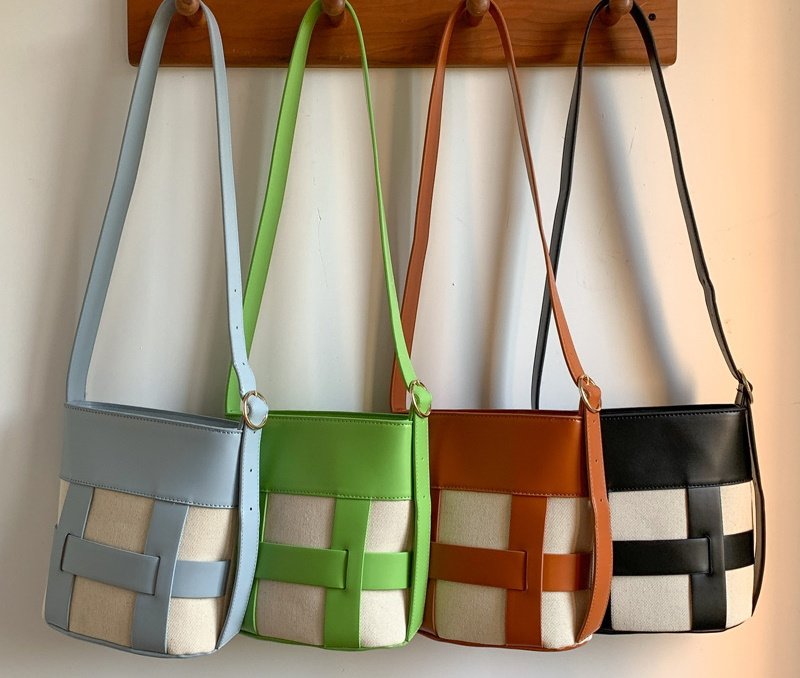 画像5: Splicing contrast color canvas woven bucket bag Tote Shoulder Bag スプライシングコントラストカラーキャンバス織りバケットバッグ (5)