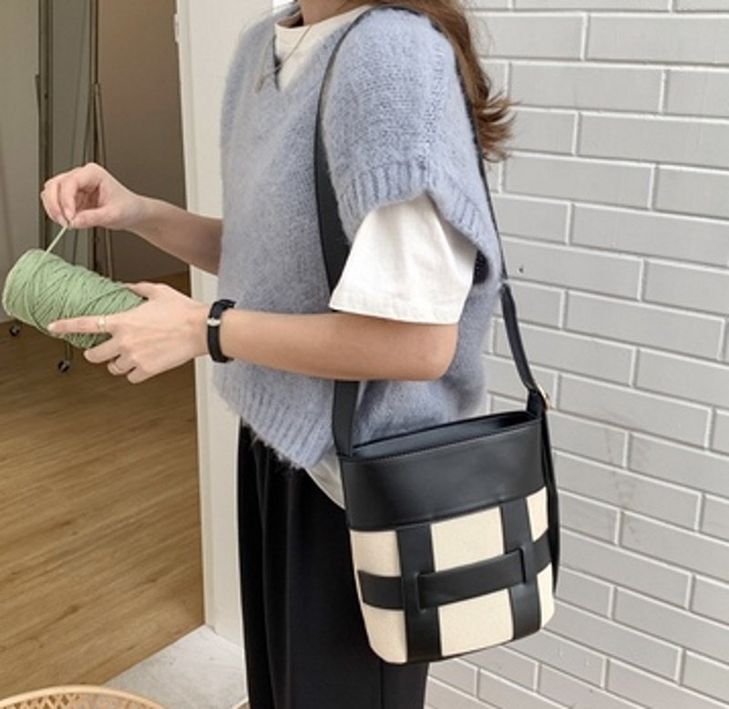 画像6: Splicing contrast color canvas woven bucket bag Tote Shoulder Bag スプライシングコントラストカラーキャンバス織りバケットバッグ (6)