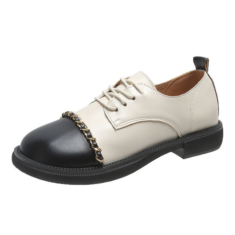 画像7: women's British style lace-up small leather shoes Flat Pumps チェーン付きバイカラーレースアップ フラットブリティッシュオックスフォードシューズ パンプス  (7)