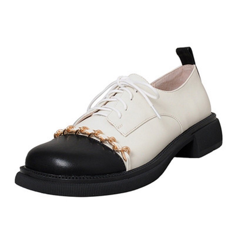 画像3: women's British style lace-up small leather shoes Flat Pumps チェーン付きバイカラーレースアップ フラットブリティッシュオックスフォードシューズ パンプス  (3)