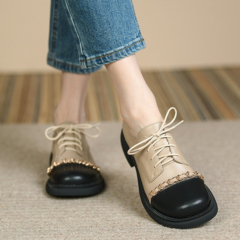 画像6: women's British style lace-up small leather shoes Flat Pumps チェーン付きバイカラーレースアップ フラットブリティッシュオックスフォードシューズ パンプス  (6)
