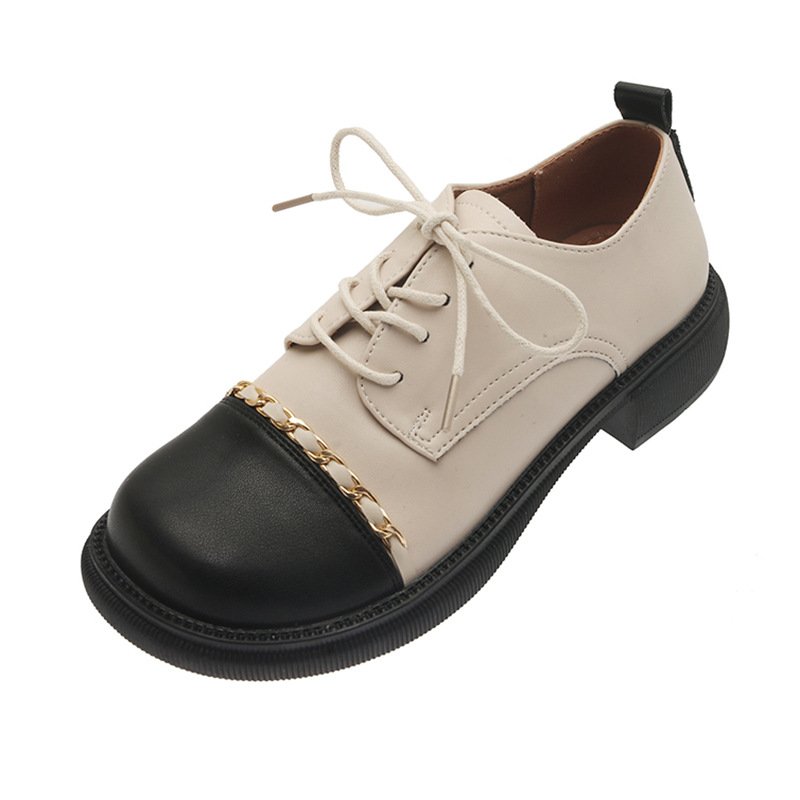 画像4: women's British style lace-up small leather shoes Flat Pumps チェーン付きバイカラーレースアップ フラットブリティッシュオックスフォードシューズ パンプス  (4)