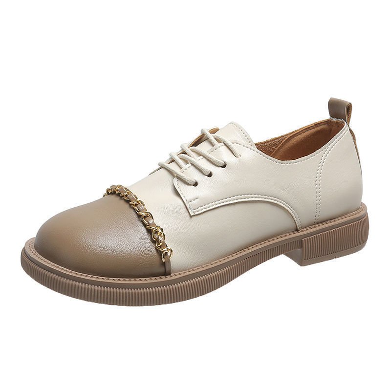 画像2: women's British style lace-up small leather shoes Flat Pumps チェーン付きバイカラーレースアップ フラットブリティッシュオックスフォードシューズ パンプス  (2)