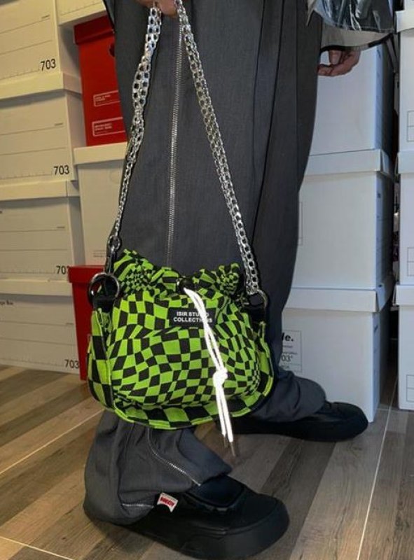 画像6: I-SIR original fluorescent green checkerboard chain mini bagTote Shoulder Bag チェッカーボードチェーントートショルダーバッグ (6)
