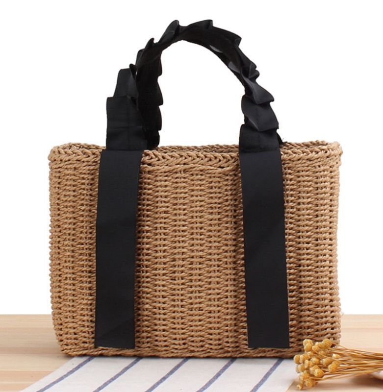 画像2: straw Tote Shoulder Bag フリルハンドル籠かごトートショルダーバッグ (2)