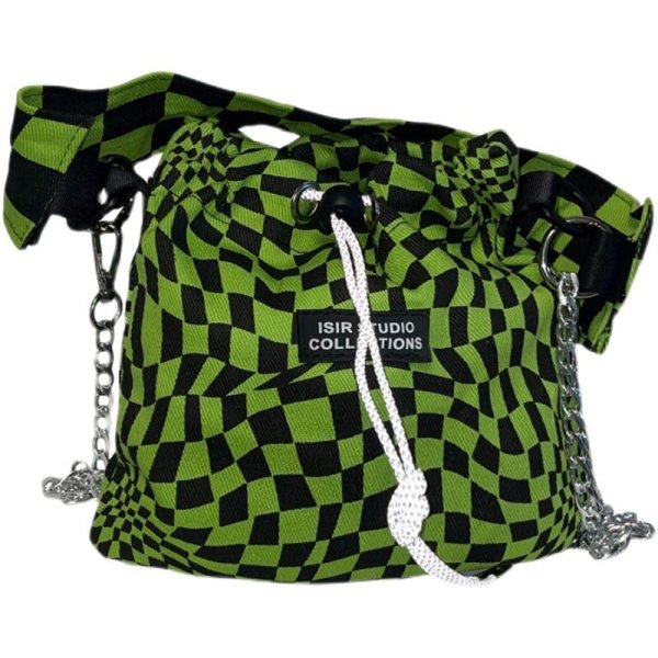 画像1: I-SIR original fluorescent green checkerboard chain mini bagTote Shoulder Bag　チェッカーボードチェーントートショルダーバッグ (1)
