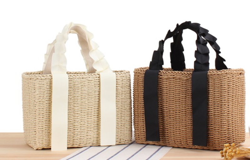 画像3: straw Tote Shoulder Bag フリルハンドル籠かごトートショルダーバッグ (3)