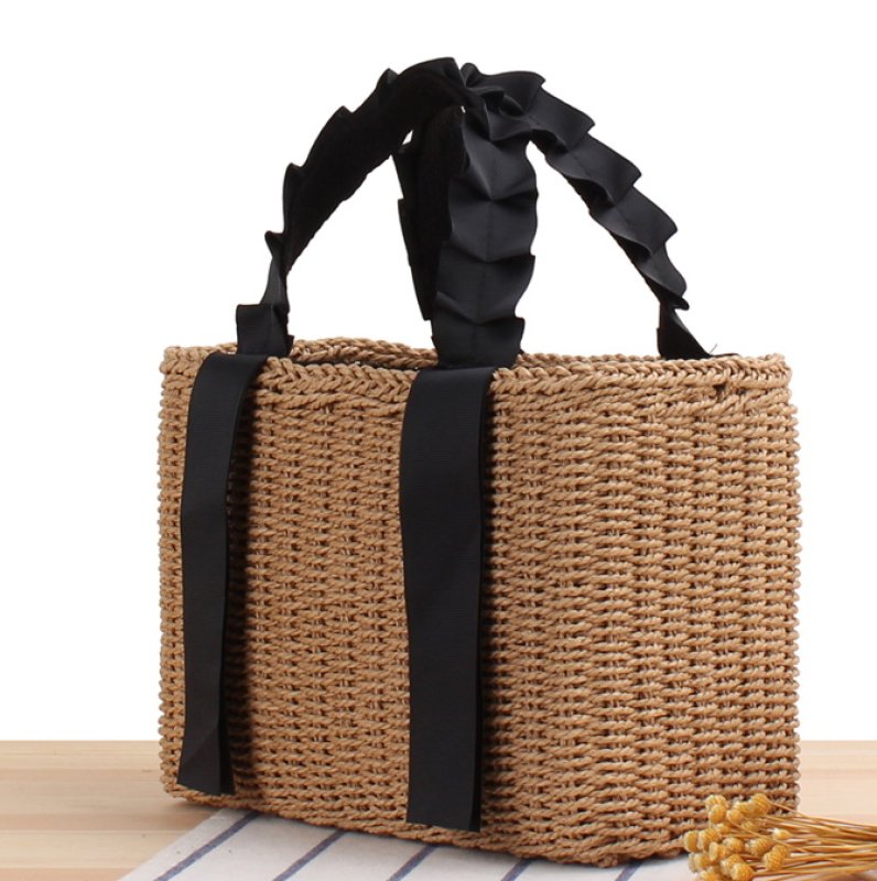画像4: straw Tote Shoulder Bag フリルハンドル籠かごトートショルダーバッグ (4)