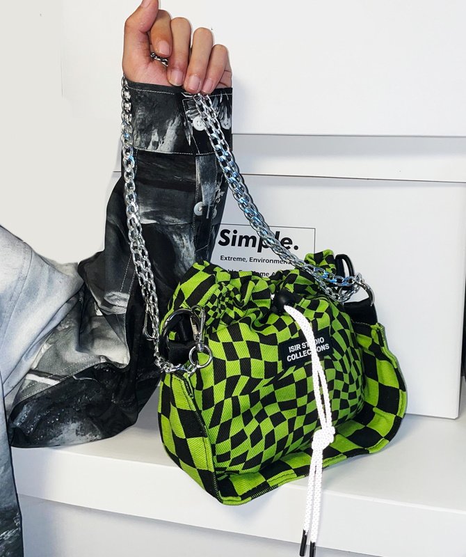 画像3: I-SIR original fluorescent green checkerboard chain mini bagTote Shoulder Bag チェッカーボードチェーントートショルダーバッグ (3)