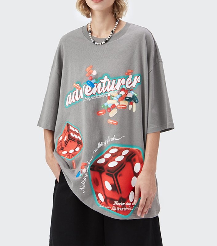 画像4: ADVENTURER logo & dice print loose casual short-sleeved T-shirt ユニセックス 男女兼用ADVENTURERロゴ&ダイス半袖 Tシャツ (4)