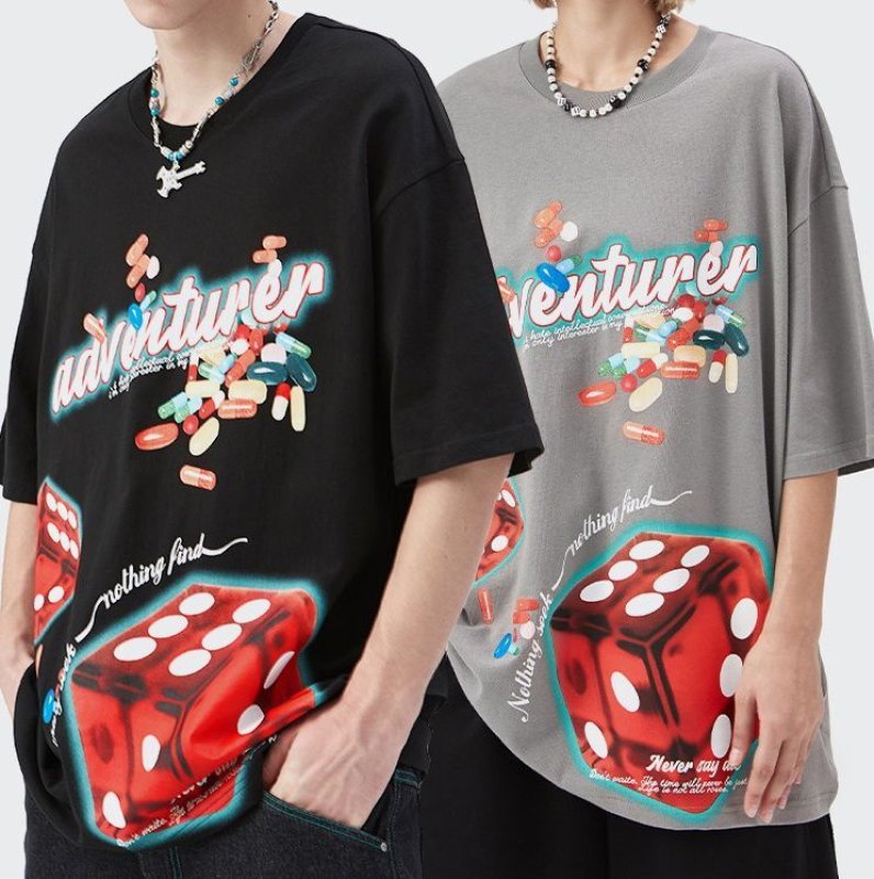 画像5: ADVENTURER logo & dice print loose casual short-sleeved T-shirt ユニセックス 男女兼用ADVENTURERロゴ&ダイス半袖 Tシャツ (5)