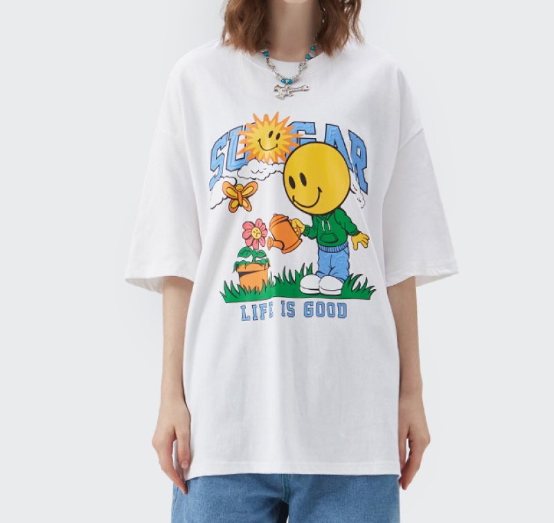 画像6: street fun cartoon smiley print loose casual short-sleeved T-shirt　ユニセックス 男女兼用ストリートファンスマイル半袖 Tシャツ (6)