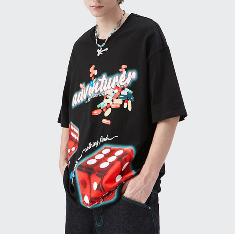 画像3: ADVENTURER logo & dice print loose casual short-sleeved T-shirt ユニセックス 男女兼用ADVENTURERロゴ&ダイス半袖 Tシャツ (3)
