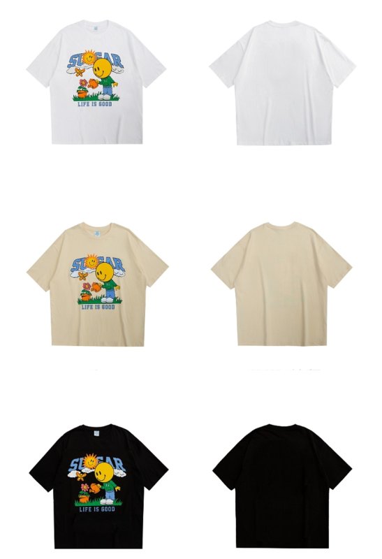 画像12: street fun cartoon smiley print loose casual short-sleeved T-shirt　ユニセックス 男女兼用ストリートファンスマイル半袖 Tシャツ (12)