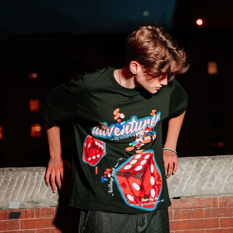 画像6: ADVENTURER logo & dice print loose casual short-sleeved T-shirt ユニセックス 男女兼用ADVENTURERロゴ&ダイス半袖 Tシャツ (6)