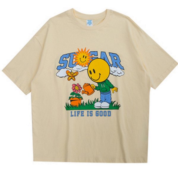 画像1: street fun cartoon smiley print loose casual short-sleeved T-shirt　ユニセックス 男女兼用ストリートファンスマイル半袖 Tシャツ (1)