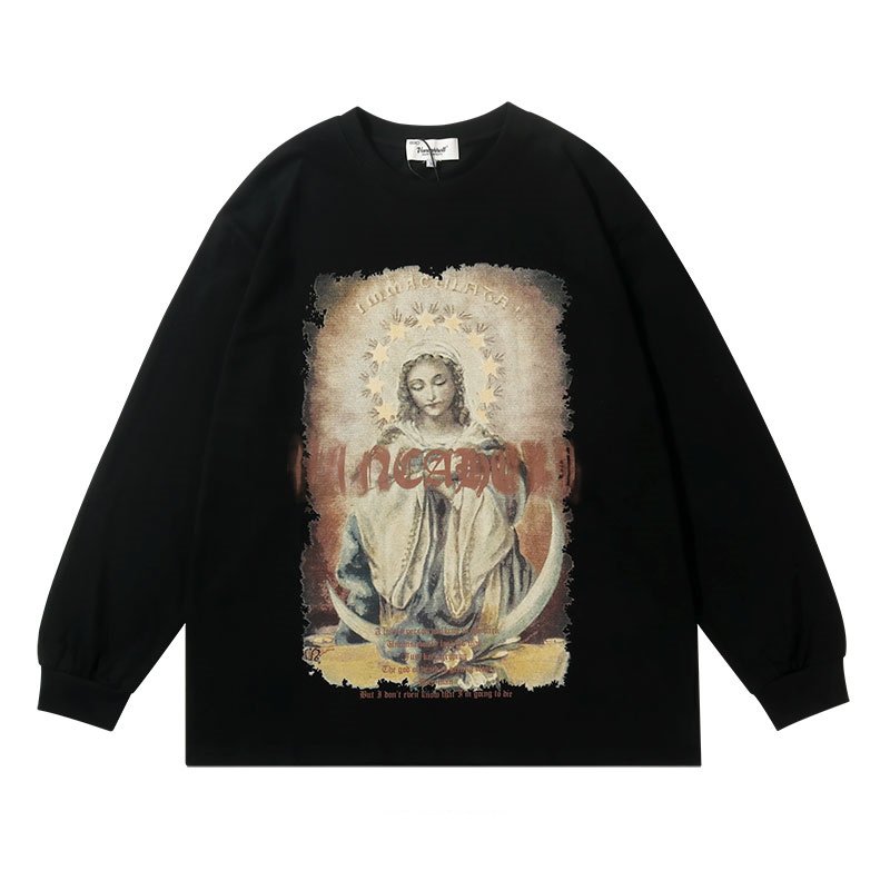 画像2: Retro Madonna Maria Pattern Print Long Sleeve T-shirt ユニセックス 男女兼用 マドンナマリアプリント長袖Tシャツ (2)