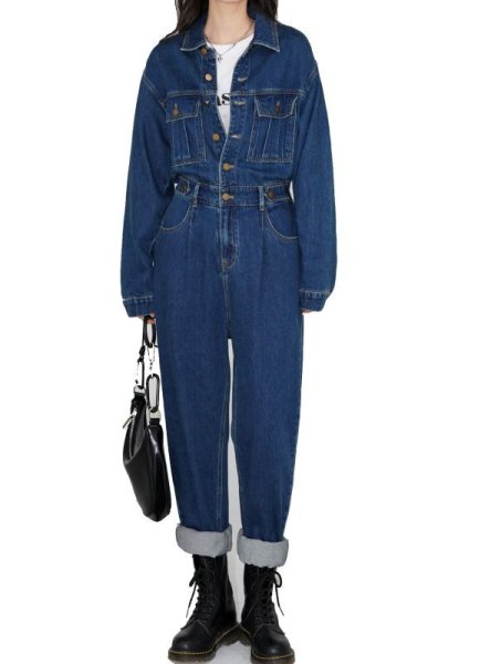 画像1: Denim high waist jumpsuit coverall　デニムハイウエストジャンプスーツつなぎ (1)