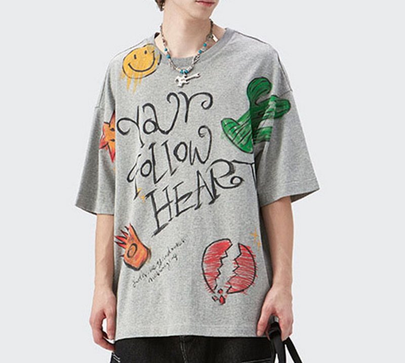 画像2: hand-painted graffiti English smiley cactus loose short-sleeved T-shirt ユニセックス 男女兼用グラフィティスマイリーサボテン半袖 Tシャツ (2)