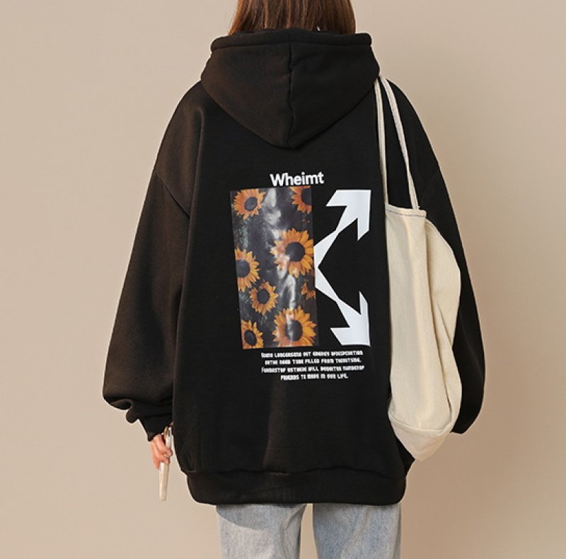画像5: sunflower letter print hooded ユニセックス 男女兼用サンフラワー&レターフーディー パーカー (5)
