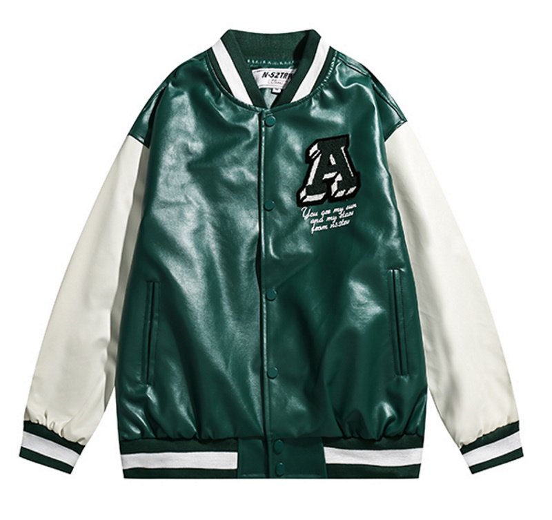 画像2: Mountin embroidered leather BASEBALL JACKET baseball uniform jacket blouson  ユニセックス 男女兼用マウンティン刺繍レザースタジアムジャンパー スタジャン MA-1 ボンバー ジャケット ブルゾン (2)
