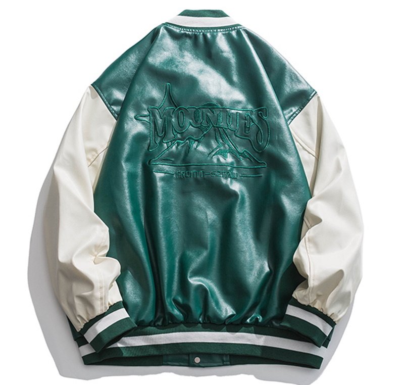 画像4: Mountin embroidered leather BASEBALL JACKET baseball uniform jacket blouson  ユニセックス 男女兼用マウンティン刺繍レザースタジアムジャンパー スタジャン MA-1 ボンバー ジャケット ブルゾン (4)