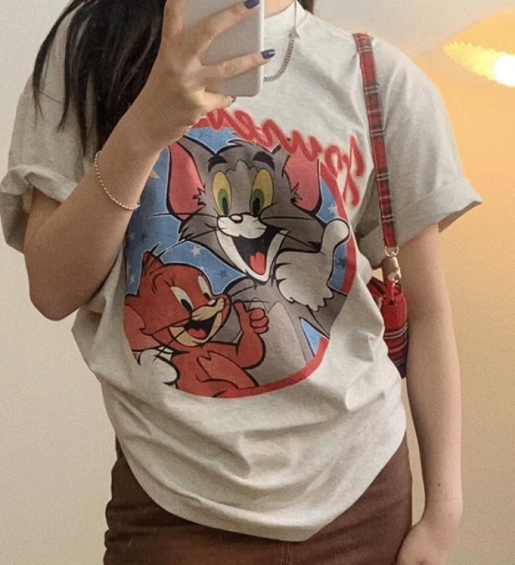 画像3: Oversized Tom and Jerry Short Sleeve T-shirt ユニセックス 男女兼用オーバーサイズトムとジェリートム&ジェリープリント半袖Tシャツ (3)