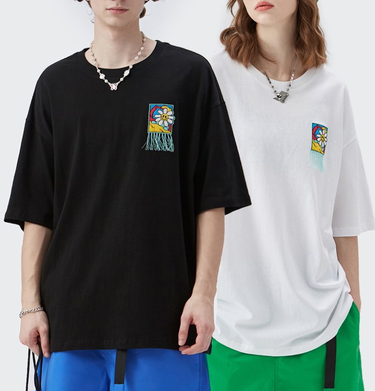 画像3: tassel daisy embroidery  short-sleeved  T-shirt ユニセックス 男女兼用タッセルデイジー刺繡半袖Tシャツ (3)