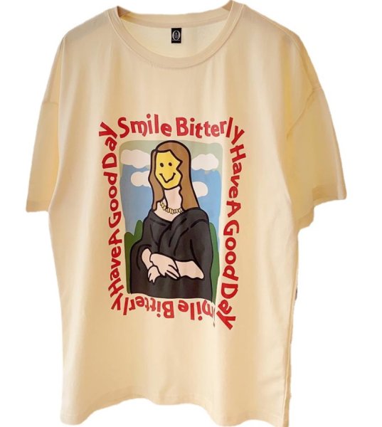 画像1: Smile Face Mona Lisa  print T-SHIRT  スマイルフェイスモナリザペイント半袖Tシャツ  (1)