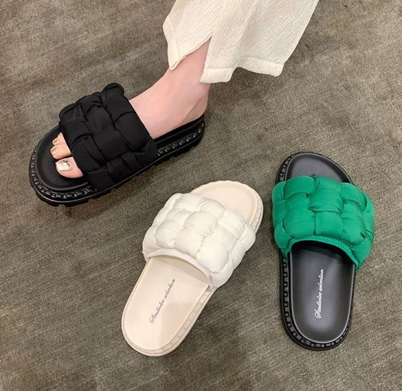 画像4: Down crochet soft bottom flat sandals slippers  フラットダウン編み込みサンダル スリッパ  (4)