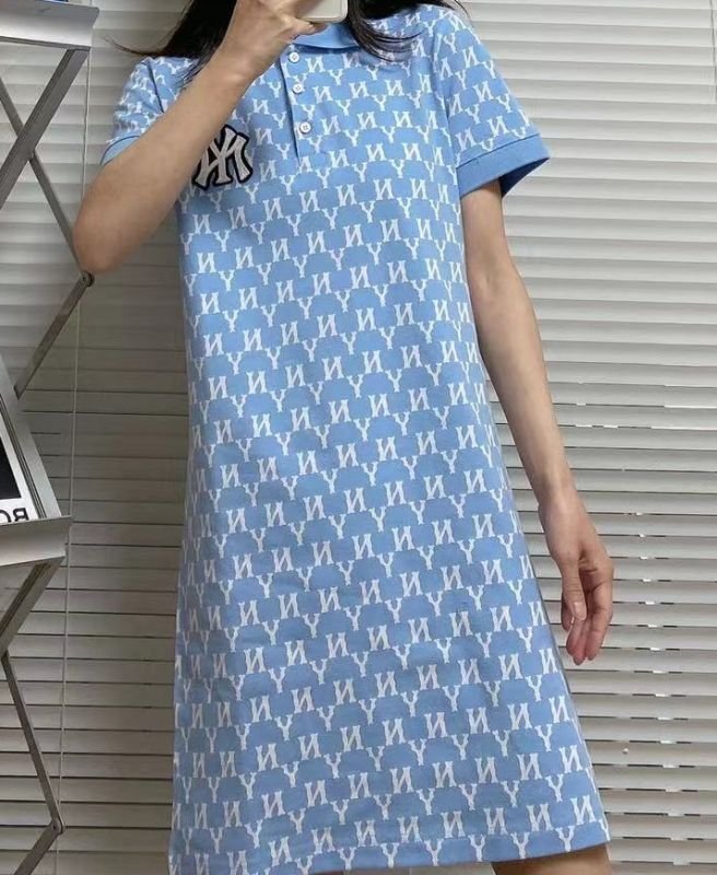 画像7:  Women's MLB NYfemale lapel full printed POLO skirt  dress  ラペルモノグラムフルプリントポロ半袖 スウェットワンピース ドレス (7)