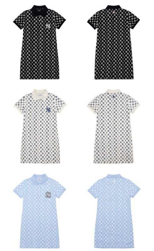 画像5:  Women's MLB NYfemale lapel full printed POLO skirt  dress  ラペルモノグラムフルプリントポロ半袖 スウェットワンピース ドレス (5)