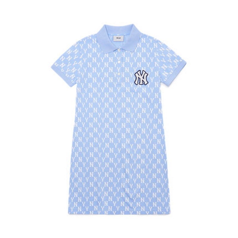 画像3:  Women's MLB NYfemale lapel full printed POLO skirt  dress  ラペルモノグラムフルプリントポロ半袖 スウェットワンピース ドレス (3)