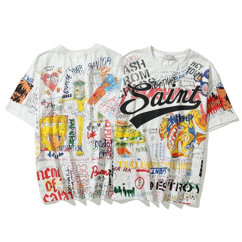 画像3: SAINT  comics hand-painted t-shirts   ユニセックス 男女兼用コミックグラフィックプリントTシャツ (3)